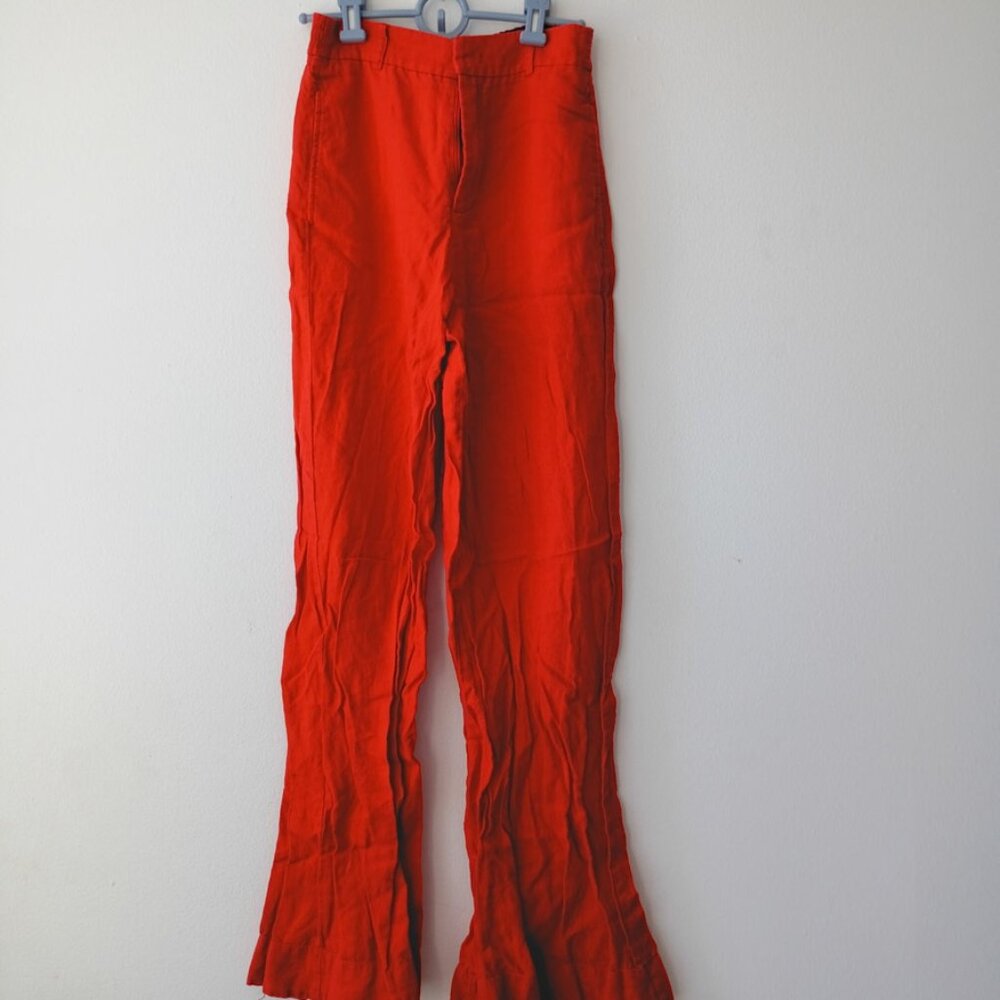 Zara Woman Red Flared Linen Pants | High Waist Wide Leg Trousers | Size XS